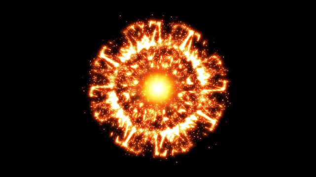 Abstract gold firework circle burst animation, glowing particles explosion on black background, cinematic energy rays motion graphics loop, elegant festive celebration light effects video. 4k video