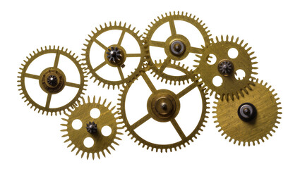 Collection of brass clockwork gears meshing together, isolated on transparent background © Ryan