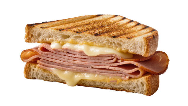 Grilled ham and cheese sandwich with melted cheese, isolated on transparent background
