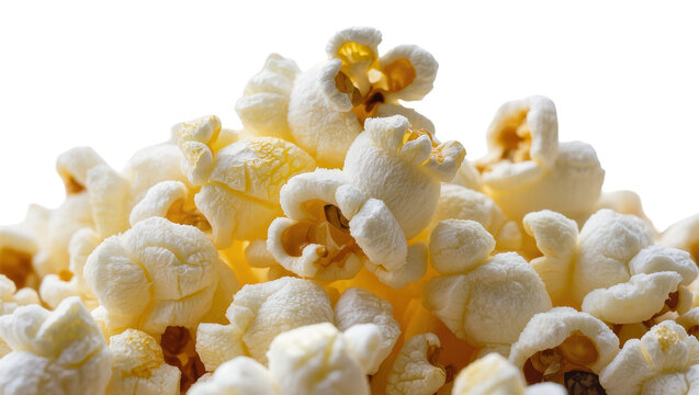 Fluffy white popcorn kernels piled high, isolated on transparent background
