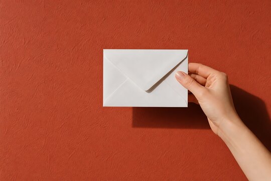 Hand holding white envelope against textured orange background.