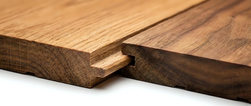 Tongue and groove wooden planks joint closeup, showing natural oak texture and warm brown tones for flooring and carpentry projects.
