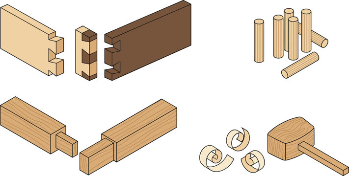 Woodworking Joinery Techniques Icon Set Featuring Mortise and Tenon, Dowel Joints, Finger Joints, Wood Connections, Carpentry Tools, and Furniture Construction Details