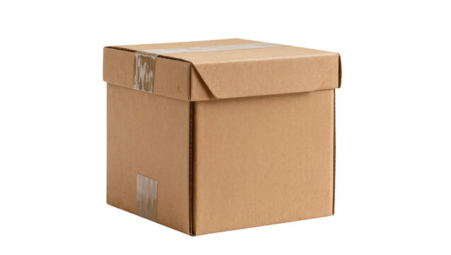Brown cardboard box with tape, isolated on transparent background