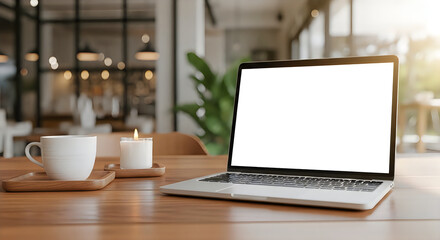 Fototapeta premium Laptop on wooden desk with coffee and candle