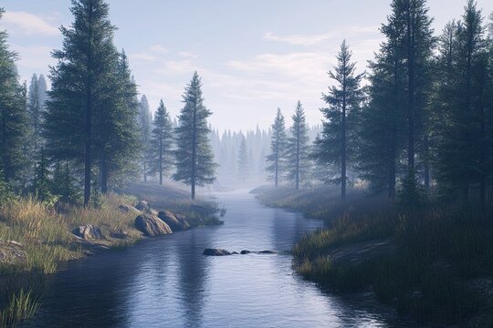 river stream water trees forest nature scenery misty foggy calm peaceful quiet still waterway bank shore grass rocks boulders evergreen pine conifer tree foliage greenery blue sky