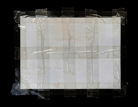 Grungy taped paper sheet with transparent adhesive strips on black background
