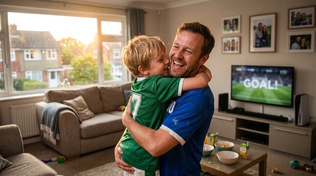 Pai e filho se abra&ccedil;ando em casa com futebol na tv 