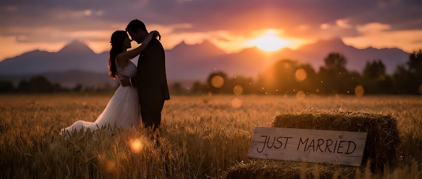 Newlywed couple embracing in golden wheat field at sunset with mountains backdrop and just married sign for wedding photography and romance concepts.