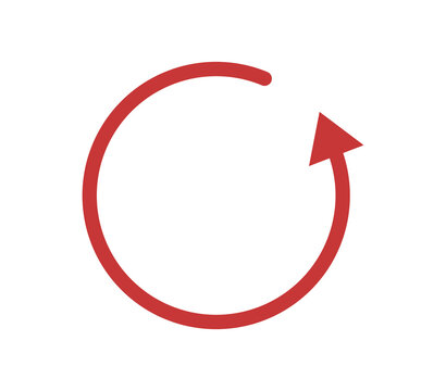 Circular arrow refresh icon. Red loop rotation symbol. Reload sync direction indicator on transparent background
