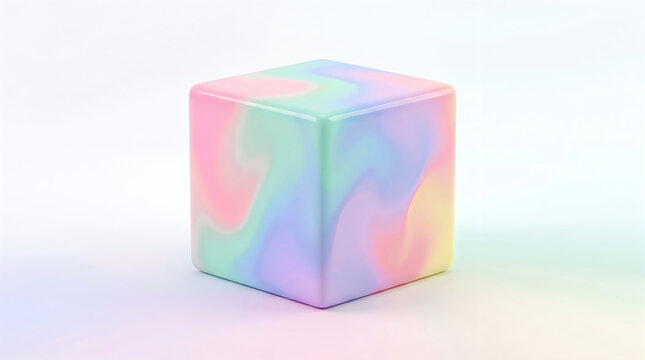Holographic cube, rainbow 3D block, pastel colors, shiny reflective surface, futuristic object technology