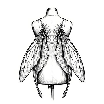 Hand drawn sketch of drooping delicate fairy wings isolated on white.