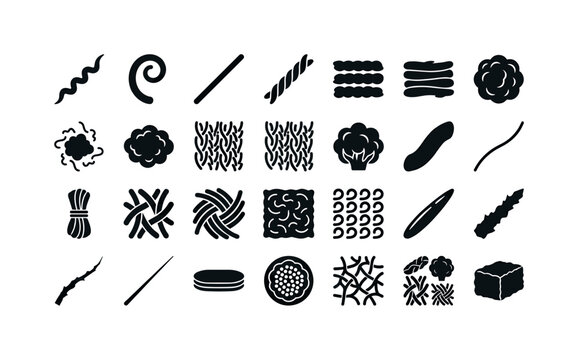 Wool structures like fibers strands curls layers and natural formation of sheep wool material clean solid filled icon set showing
