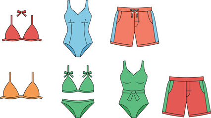 Vector illustration of swimwear collection including bikinis, one‑piece swimsuits, and trunks in colorful design representing fashion and summer © Sheikh