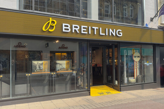 Leeds, Yorkshire, uk, June 1st 2025 Breitling store front. Breitling in one of the leading luxury watches producers in the world and has been founded in 1884