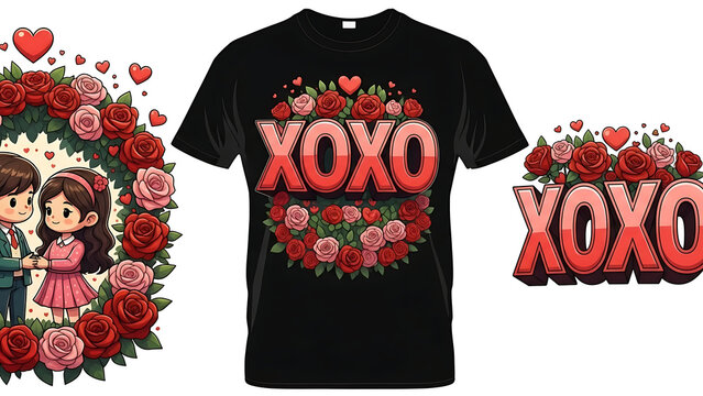 Black t-shirt with red floral pattern and xoxo text isolated on a transparent background