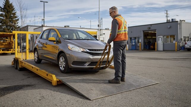 Tow operator securing compact car onto flatbed in industrial recovery area