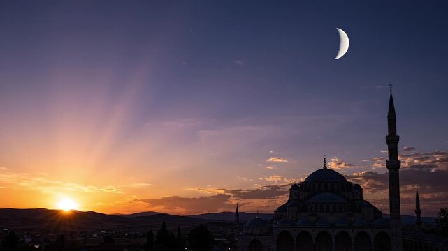 Beautiful cinematic mosque silhouette at sunset with crescent moon and light rays.