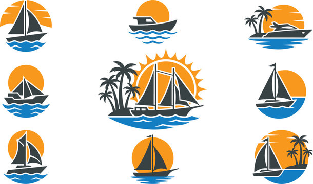 Sailing boat sunset logo set with ocean waves tropical islands and nautical travel adventure badge designs collection