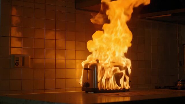 Burning toaster with intense orange flames erupting from slots on kitchen counter against tiled wall dramatic fire accident scene