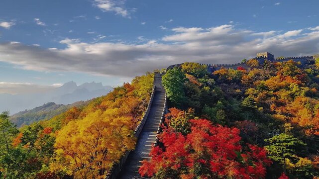 Timelapse video of the Great Wall of China in autumn, capturing the shifting colors of the foliage and changing sky. The majestic wall winds through the landscape, surrounded by vibrant fall colors.