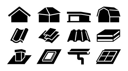 Roof Types and Roofing Materials Silhouette Icon Set – Gable Hip Flat Tiles Solar Panel Collection © Mediasegment