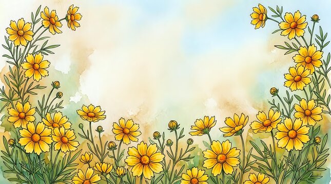 Watercolor yellow wildflowers frame a soft pastel background, creating a bright floral border for cards, invitations, and seasonal designs.