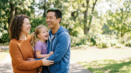 Obraz premium Happy diverse family with Asian father and Caucasian mother holding their daughter in a park. Multi-ethnic parents laughing with adopted child outdoors. Happiness and parenting concept. Copy space