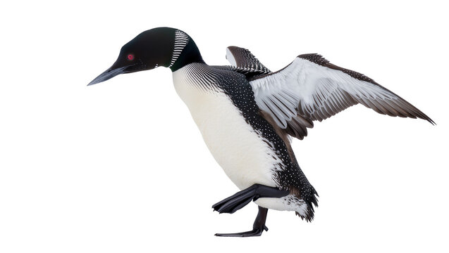 Black and white Common Loon in Flight with Spread Wings