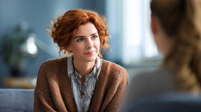 Red haired woman in a cardigan looks at another person during a conversation indoors, with soft daylight, blurred office background, and relaxed expression.