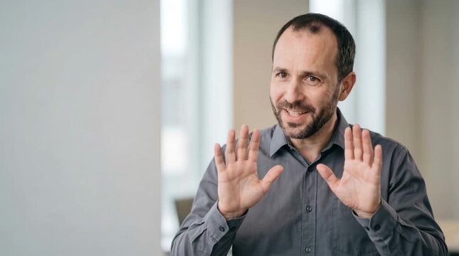 Middle-aged man making a stop gesture with both hands and saying no. Smiling male professional talking and explaining a refusal in a modern office. Copy space for text