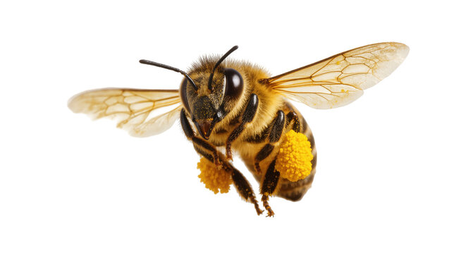 Honeybee with Yellow Pollen Basket and Spread Wings