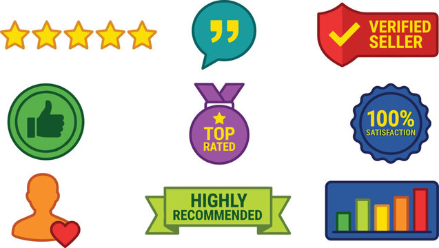 Customer Review and Rating Icon Set Featuring Stars, Thumbs Up, Verified Seller, Satisfaction Badge, and Highly Recommended Symbols