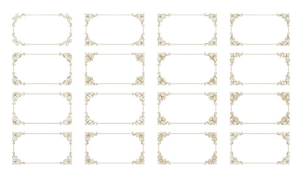 Minimal vintage rectangle frame vector set with ornamental corner borders and elegant thin line design for invitations and wedding cards isolated on white background