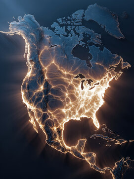 High resolution 3D render of North America continent at night from space showing bright city light networks and glowing urban population centers across the United States Canada and Mexico.