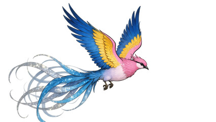 Obraz premium Blue Yellow Pink Feathered Bird with Sparkling Silver Tail in Flight