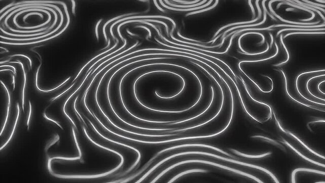 Abstract glowing white topographic contour lines forming swirling patterns on a dark textured background creating a sense of depth and organic flow with a futuristic and ethereal feel digital and