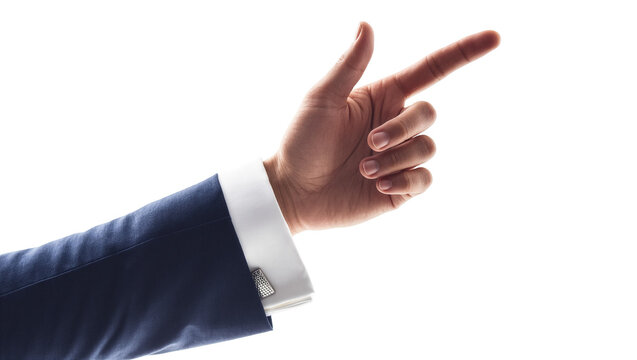 Man s hand in navy suit pointing index finger right