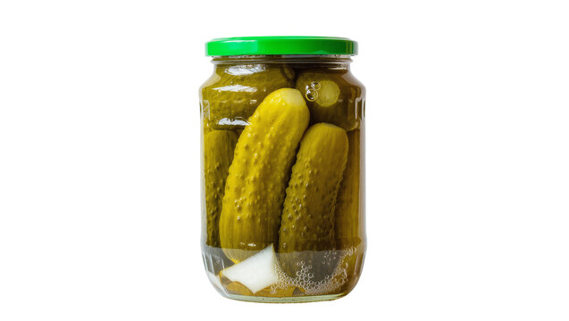 Green Lidded Glass Jar Filled with Dill Pickles and Onion Slices