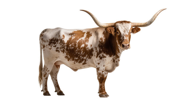 Spotted Brown and White Texas Longhorn Bull with Large Curved Horns