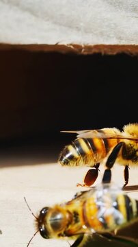 Vertical video: Returning forager bees probing, entering hive entrance at board, bringing pollen
