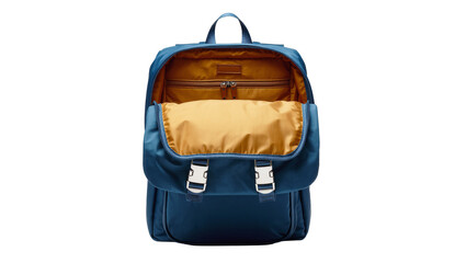 Open Blue Nylon Backpack with Beige Interior and Buckle Flaps © Andrei