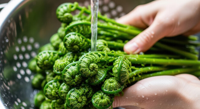 Fiddleheads being rinsed under running water in a colander featuring rinsing, fresh, green with vegetables and washing elements for food preparation,