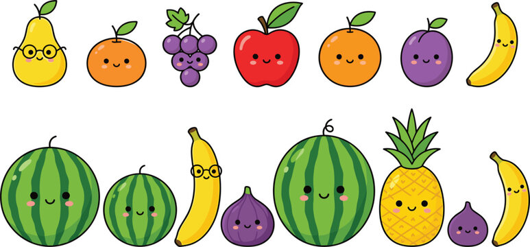 Cute fruit characters set with watermelon, banana, apple, grapes and pineapple, kawaii cartoon vector illustration