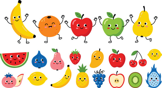 Cute fruit characters set with smiling banana, apple, orange and tropical fruits, kawaii food vector illustration collection