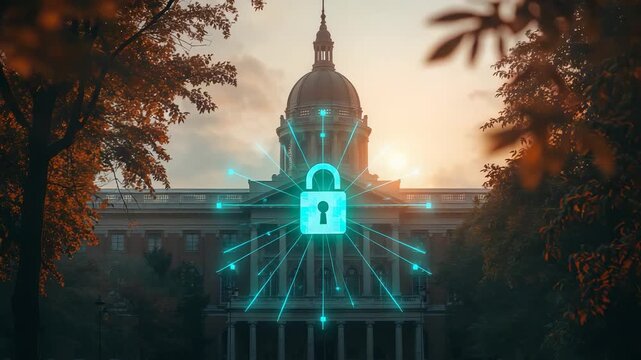Government building with glowing digital lock and network connections showing cybersecurity protection and secure public data system
