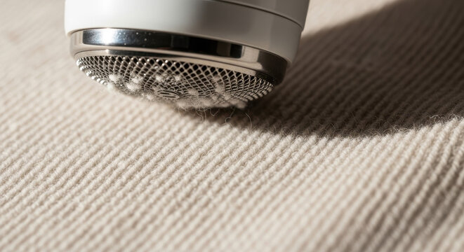 Fabric shaver with white fluffy material on metal mesh surface close-up featuring de-piller, lint remover, clothing care with sweater care and