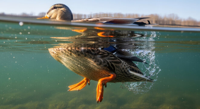 Duck swimming underwater with wings spread and feet paddling in clear water featuring nature, wildlife, bird with aquatic and waterfowl elements for