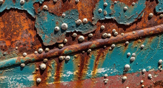 Rusty metal sheet texture with turquoise paint peeling, corroded rust stains, and scattered rivets close-up for industrial design
