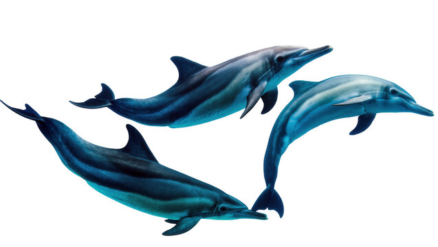 Three playful gray dolphins swimming in motion